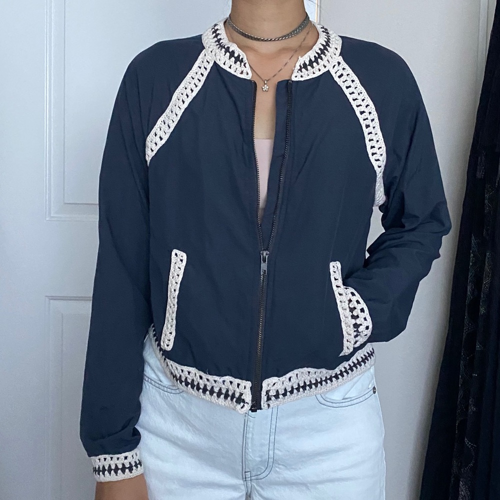 Free People Navy Crochet Baseball Bomber Jacket